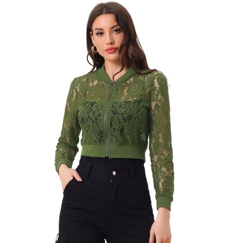 Allegra K Women's Stand Collar Zip Up Mesh Sheer Lace Bomber Jacket ...