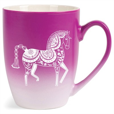 Elanze Designs 12 Ounce Two Toned Ombre Ceramic Tea Coffee Cup Mug Magenta White Majestic Floral Horse