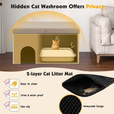 Beige Linen Cat Litter Box Enclosure Bench with Flip Top Lid