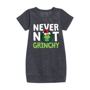 - Dr. Seuss - The Grinch Never Not Grinchy Wreath Graphic Short Sleeve Fleece Dress - 1 of 4
