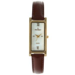 Peugeot Women's Rectangular Gold-Tone Case Watch Glossy Brown Leather Strap - 1 of 2