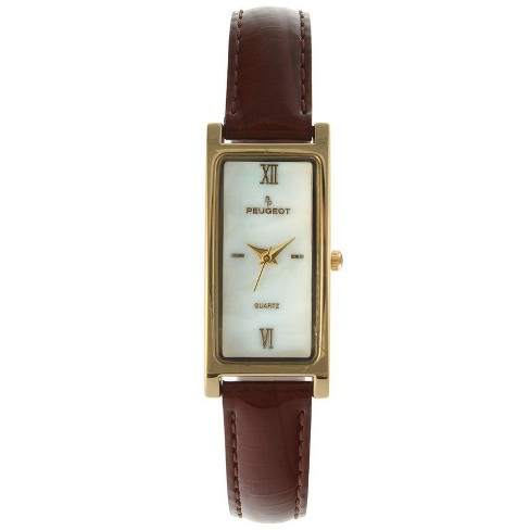 Peugeot Women's Rectangular Gold-Tone Case Watch Glossy Brown Leather Strap - image 1 of 2