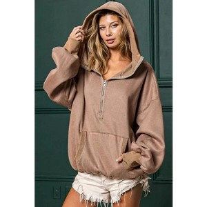 I am a Fashion junky BiBi Stitch Detailed Elastic Hem Half Zip Fleece Hoodie - 1 of 4