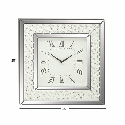 Silver Mirrored Square Wall Clock with Floating Crystals