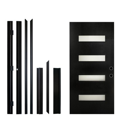 PexFix 36"x80" 4-Lite Exterior Frosted Glass Prehung Front Entry Door Primed Interior Fiberglass Entrance Door Black Left Hand Inswing w/ Vinyl Frame