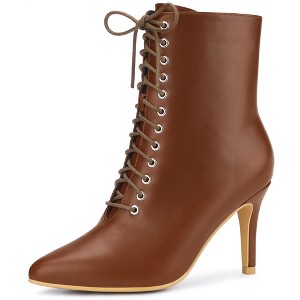 Allegra K Women's Lace Up Pointed Toe Stiletto Heels Ankle Boots - 1 of 3