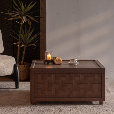 Modern 31" Square Natural Wood Coffee Table with Hidden Storage,Woven Texture Design,Large Living Room Storage Center Table-Baofuwish