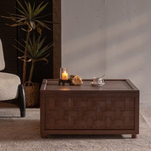 Modern 31" Square Natural Wood Coffee Table with Hidden Storage,Woven Texture Design,Large Living Room Storage Center Table-Baofuwish - 1 of 4