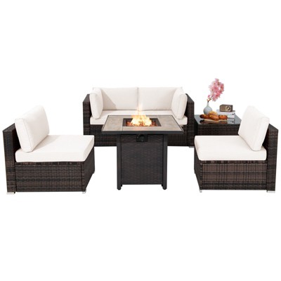 Tangkula 6 PCS Patio Wicker Furniture Set With 30" Gas Fire Pit Table 50,000 BTU Black/Red/Turquoise/Navy/White  Cushions