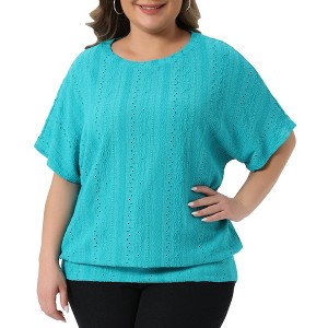 Women's Plus Size Eyelet Double Layered Hem Crew Neck Batwing Sleeve Casual Summer Blouses - Agnes Orinda - 1 of 4