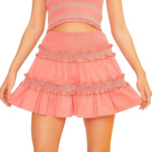 Slickblue Waist Smocking Ruffle & Shirring Mini Skirt, Coral/White, S/M/L, Flattering Fit for Summer Style - 1 of 4