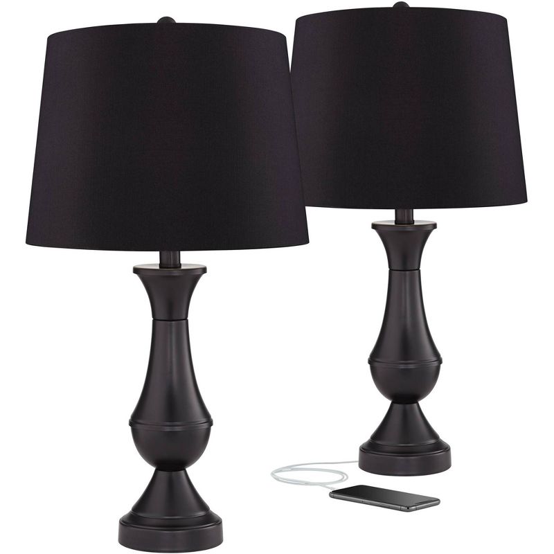 Regency Hill Traditional Table Lamps 25" High Set of 2 with USB Port Bronze Metal LED Touch On Off Black Faux Silk Drum Shade for Bedroom Living Room, 1 of 7