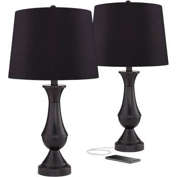 Regency Hill Traditional Table Lamps 25" High Set of 2 with USB Port Bronze Metal LED Touch On Off Black Faux Silk Drum Shade for Bedroom Living Room