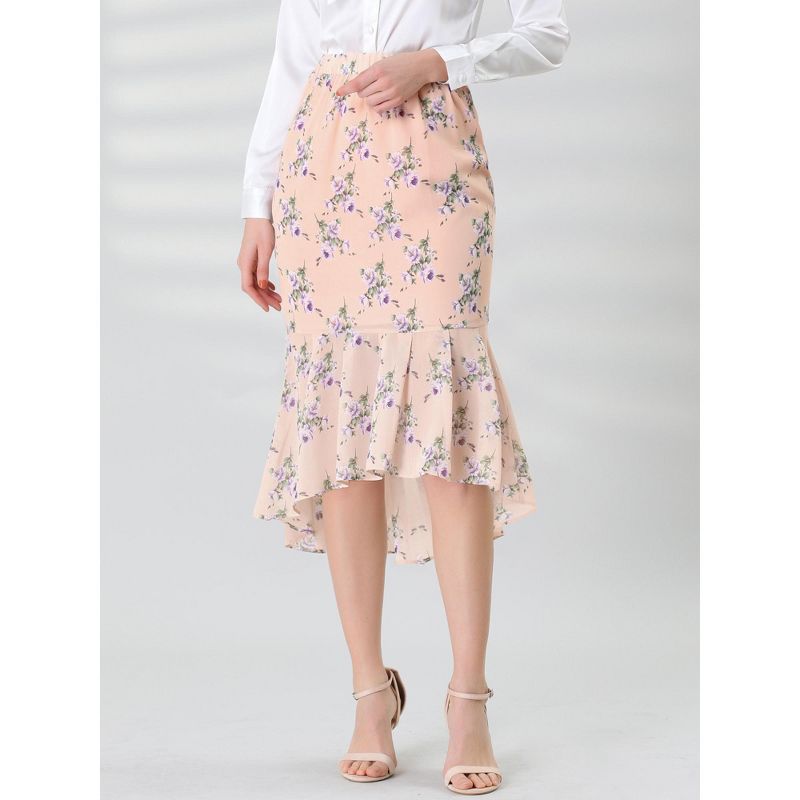 Allegra K Women's Floral High-Low Elastic Waist Ruffle Hem Flowy Midi Chiffon Skirt, 2 of 7