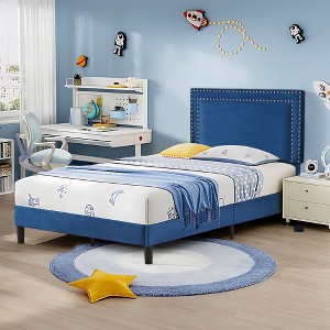 VECELO Velvet Upholstered Platform Bed Frame with Adjustable Headboard, Sturdy Wood Slats & Metal Support, No Box Spring Needed, Twin/Full/Queen Size - 1 of 4