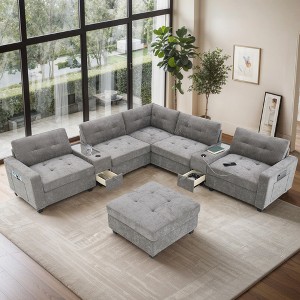 104" U-Shaped Chenille Sectional Sofa with Acrylic Table Tops, Dual Consoles, Storage Drawers & Pockets, USB & Wireless Charging, Movable Ottoman - 1 of 4