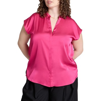 ELOQUII Women's Plus Size Satin Notch Collar Blouse