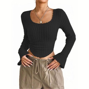 Women's Square Neck Long Sleeve Top Ribbed Knit Tee Short Crop Fit Casual Blouse - 1 of 4