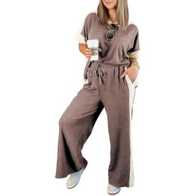 EXLURA Womens Summer 2 Piece Outfits Color Block Short Sleeve Tops Tracksuit Wide Leg Pants Matching Set Lounge Sets 2025