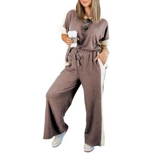 EXLURA Womens Summer 2 Piece Outfits Color Block Short Sleeve Tops Tracksuit Wide Leg Pants Matching Set Lounge Sets 2025 - 1 of 4
