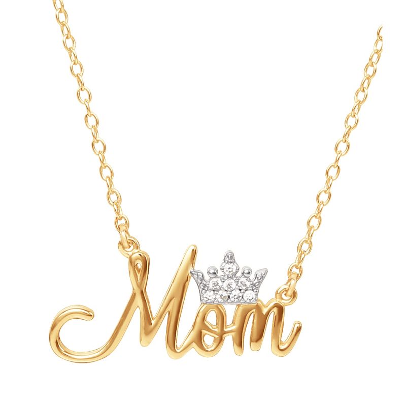 Disney Jewelry for Mom - Mom Gold Plated Sterling Silver CZ Princess Tiara Design, Script Mom, 18", 1 of 6