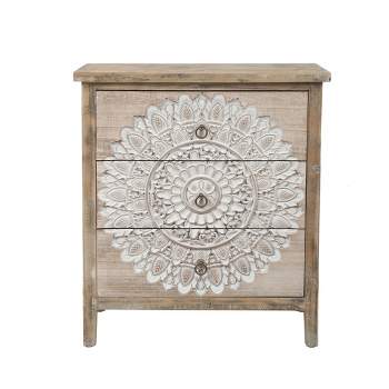 LuxenHome 3-Drawer 28.2" H x 25.2" W Natural Wood White Floral Accent Chest. Brown