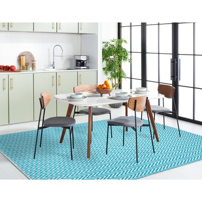 Ivory and Turquoise Chevron Handwoven Cotton Wool Rug, 5' x 8'
