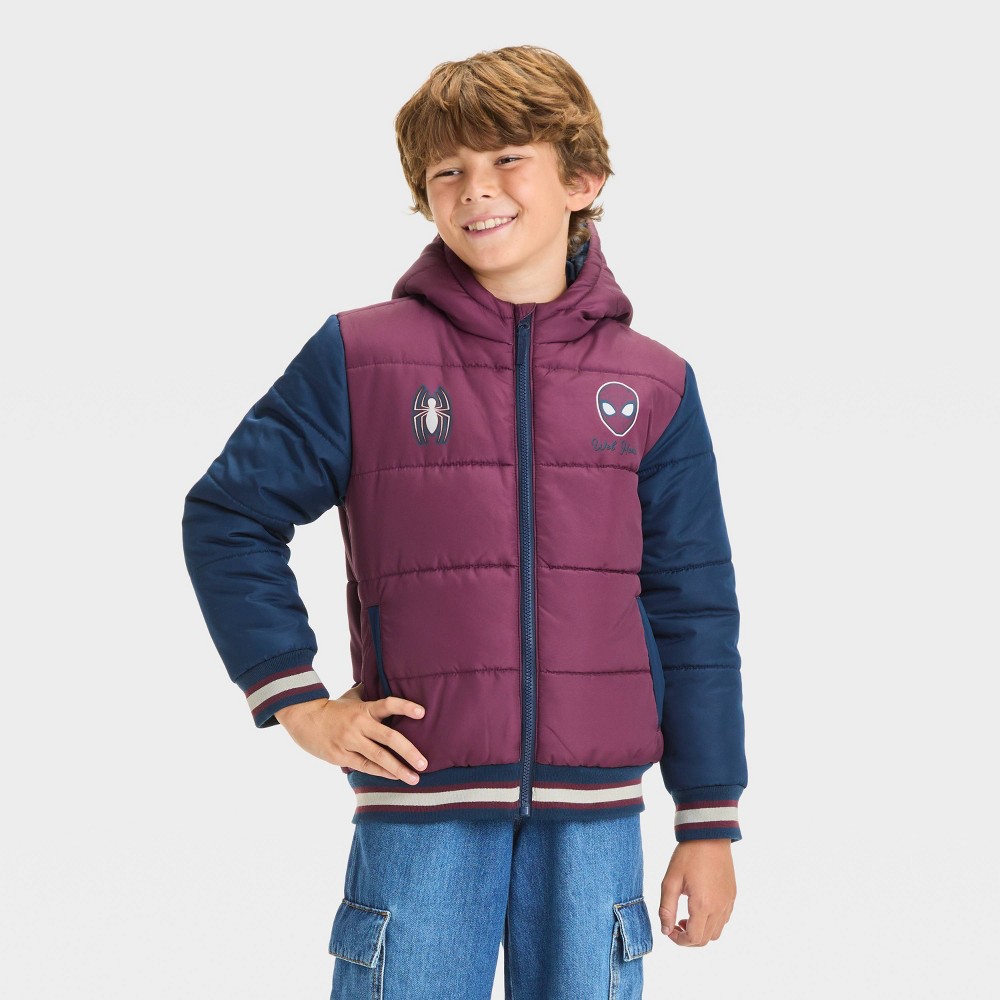 Boys' Spider-Man Fictitious Character Printed Puffer Jacket - Blue/Red M