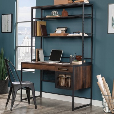 Barrel Oak Wood Desk with Hutch and Storage