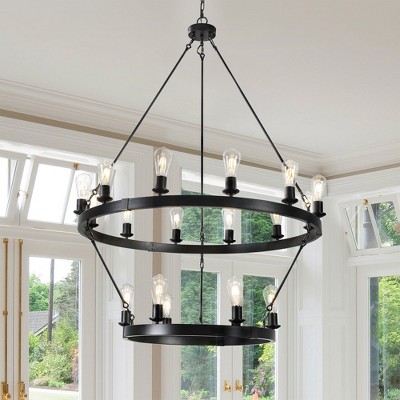 LOVMOR 18-Light Vintage Matte Black Retro Style Wagon Wheel Chandelier (Bulb not Included)