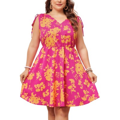 Agnes Orinda Women's Plus Size Boho Tie Strap Sleeveless Floral V Neck Midi A-Line Sundresses