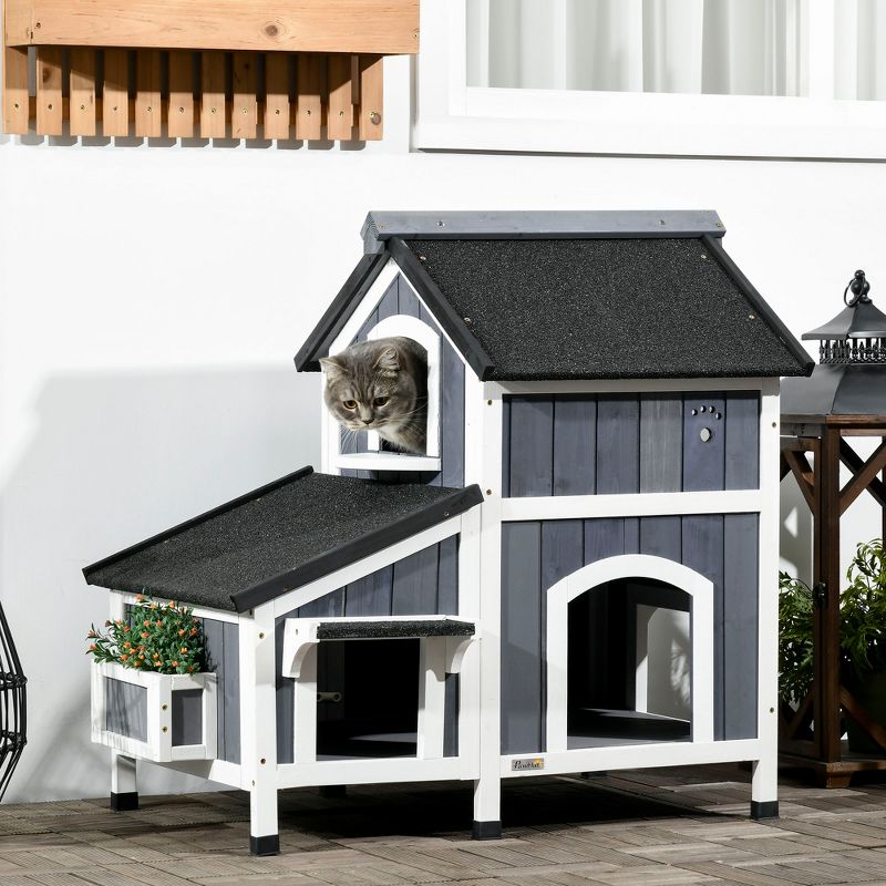 PawHut Outdoor Cat House with Weather-resistant Roof & Garden Bed, Outdoor Cat Shelter Enclosure with Multiple Entrances, Cat Furniture Hideout, Gray, 3 of 7