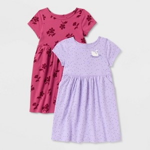 Toddler Girls' 2pk Adaptive Short Sleeve Swan and Floral Printed Dress - Cat & Jack™ Berry Pink/Purple - 1 of 4