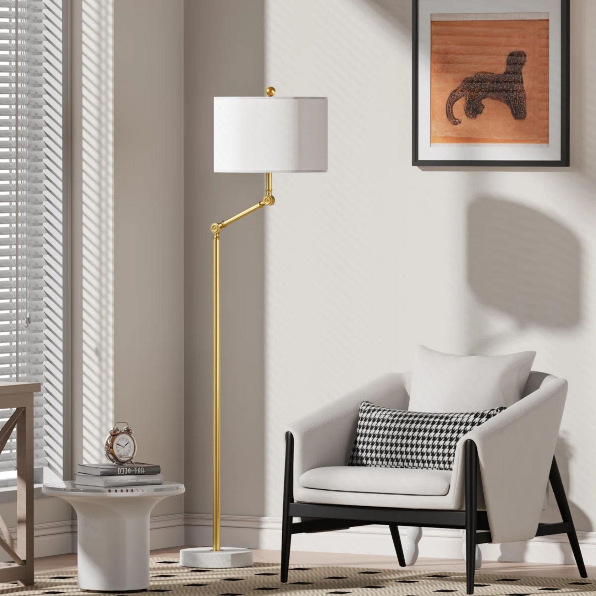 GDFStudio Harper Modern 64 Inch Rotatable Floor Lamp with Fabric Shade and Marble Base, Gold/White