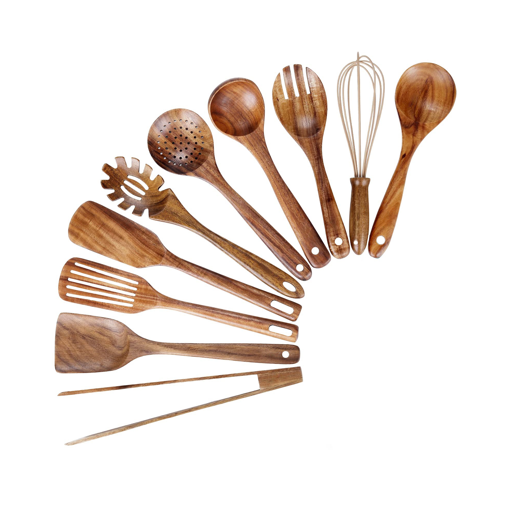 Itopfox Kitchen Utensil Set with Holder, Natural Teak Wood Spoons for Cooking, Includes Spatula, Ladle & More, Non-Scratch Wooden Tools for Cookware