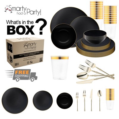 Smarty Had A Party Black with Gold Organic Disposable Plastic Tableware Set (120 Settings)