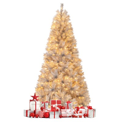 Tangkula 5/6/7 FT Artificial Christmas Tree Pre-lit Xmas Tree with  Branch Tips LED Lights Silver Tinsel Leaves