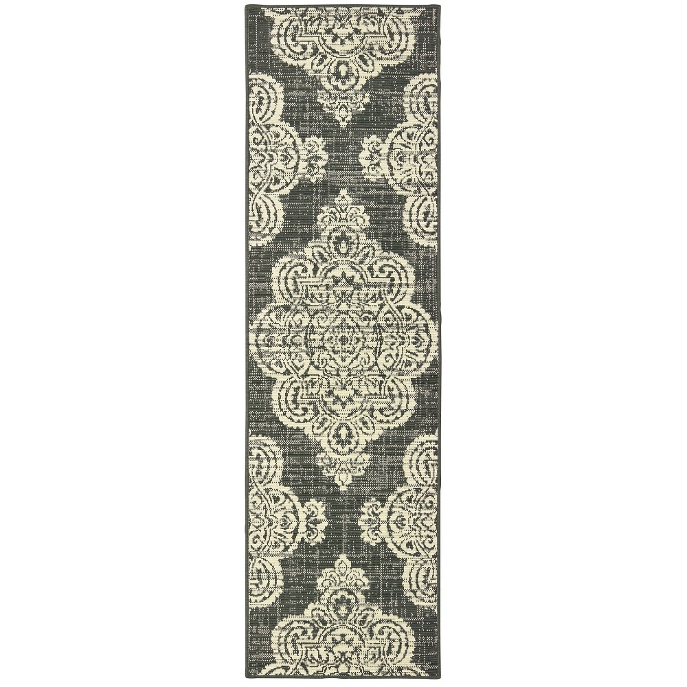 Photos - Area Rug 2'3"x7'6" Runner Madeline Overscale Medallion Patio Rug Gray/Ivory