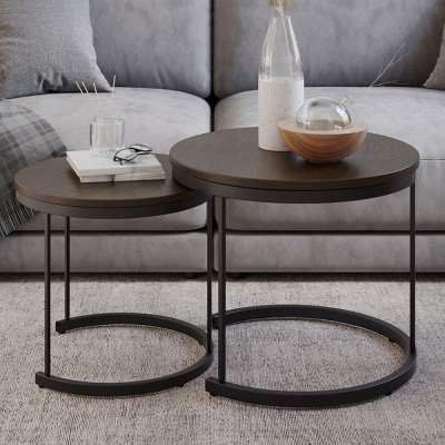 Nesting Coffee Table Set – Set of 2 Small Round Tables Nest Together for Saving Space – Modern Industrial Living Room Tables by Lavish Home (Brown)