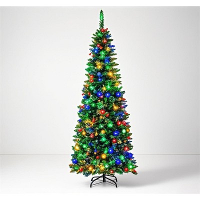 Pre-Lit Slim Pencil Christmas Tree, Dual Color LED Lights, Lifelike PVC, Solid Metal Base, Easy Assembly, Holiday Decoration for Home Office