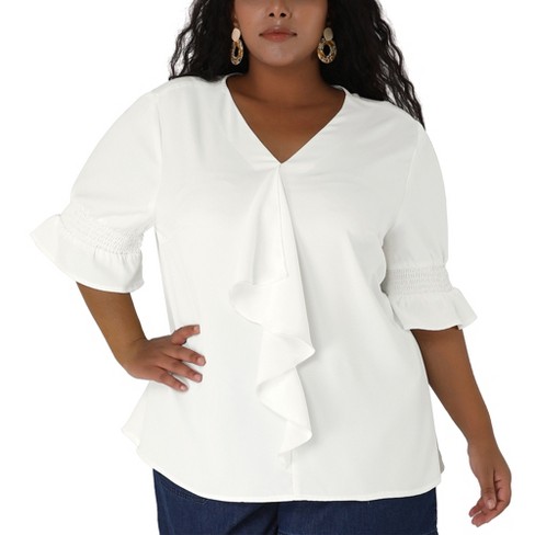 Agnes Orinda Women's Plus Size 3/4 Sleeves Round Neck Ruffle Chiffon Work  Blouse White 2X