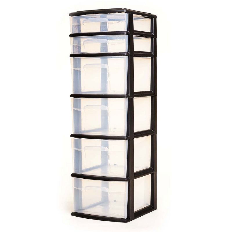 Homz Plastic 6 Clear Drawer Medium Home Storage Container Tower with 4 Large Drawers and 2 Small Drawers, Black Frame (2 Pack), 2 of 7