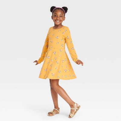 Image of Girls' Printed Long Sleeve 100% Cotton Dress - Cat & Jack™ Medium Mustard Yellow S