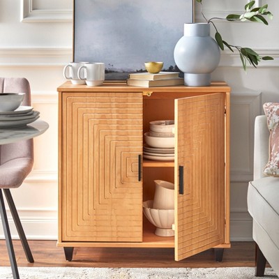 Natural Pine Geometric 2-Door Cabinet with Black Handles