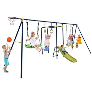 Gymax 7-in-1 Outdoor Swing Set Stable A-shaped Steel Swing Stand w/ Glider Gym Rings Slide Monkey Bar Basketball Hoop and 2 Swings - 1 of 4