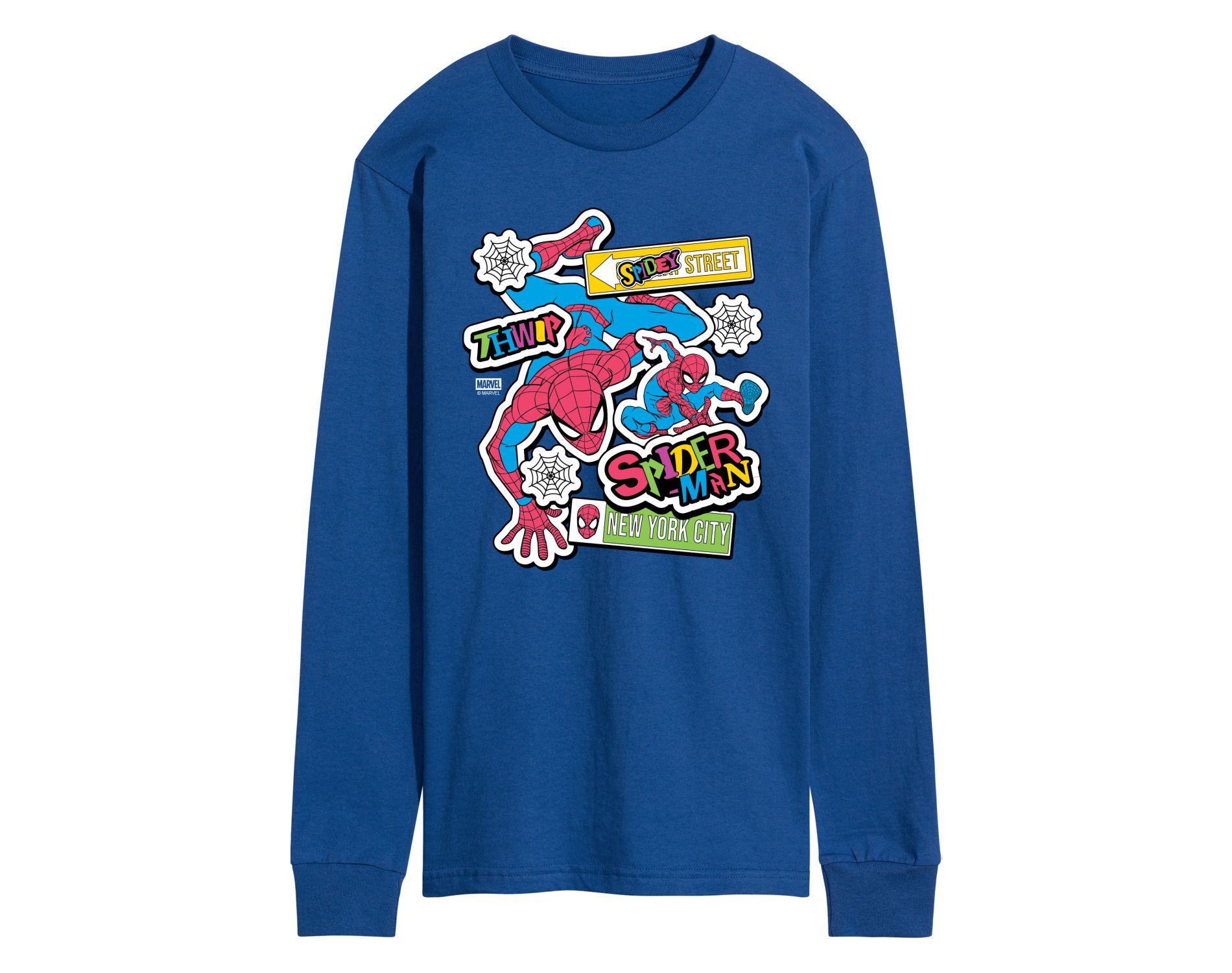 Men's Spider-Man Spidey Bright Stickers Long Sleeve Graphic T-Shirt - Royal Blue - 2 X-Large