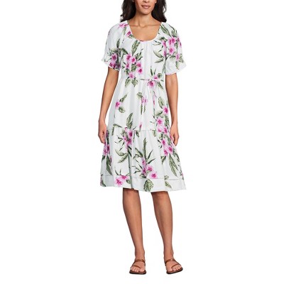 Lands' End Women's Puff Sleeve Pleated Linen Knee Length Dress