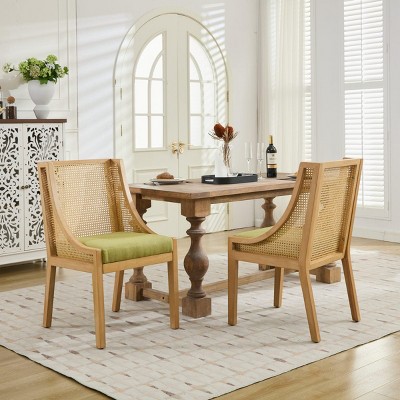 INFURNIC Dining Chairs Rattan Chair with Linen Upholstered Seat and Decorative Armrests for Kitchen and Dining Room, Green, 23.8"*21.9"*37.4"