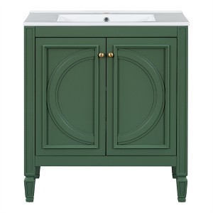XINGHANZHENXUAN Vintage Style Bathroom Vanity with Sink, Soft-Close 2-Door Cabinet with Drawer & Ceramic Basin (Faucet Not Included) - 1 of 4