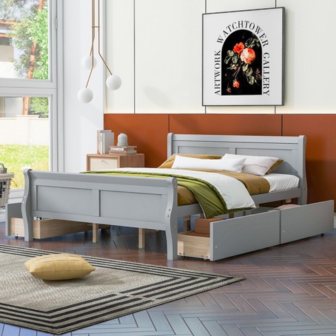 Queen Size Wood Platform Bed With 4 Drawers, Streamlined Headboard And ...